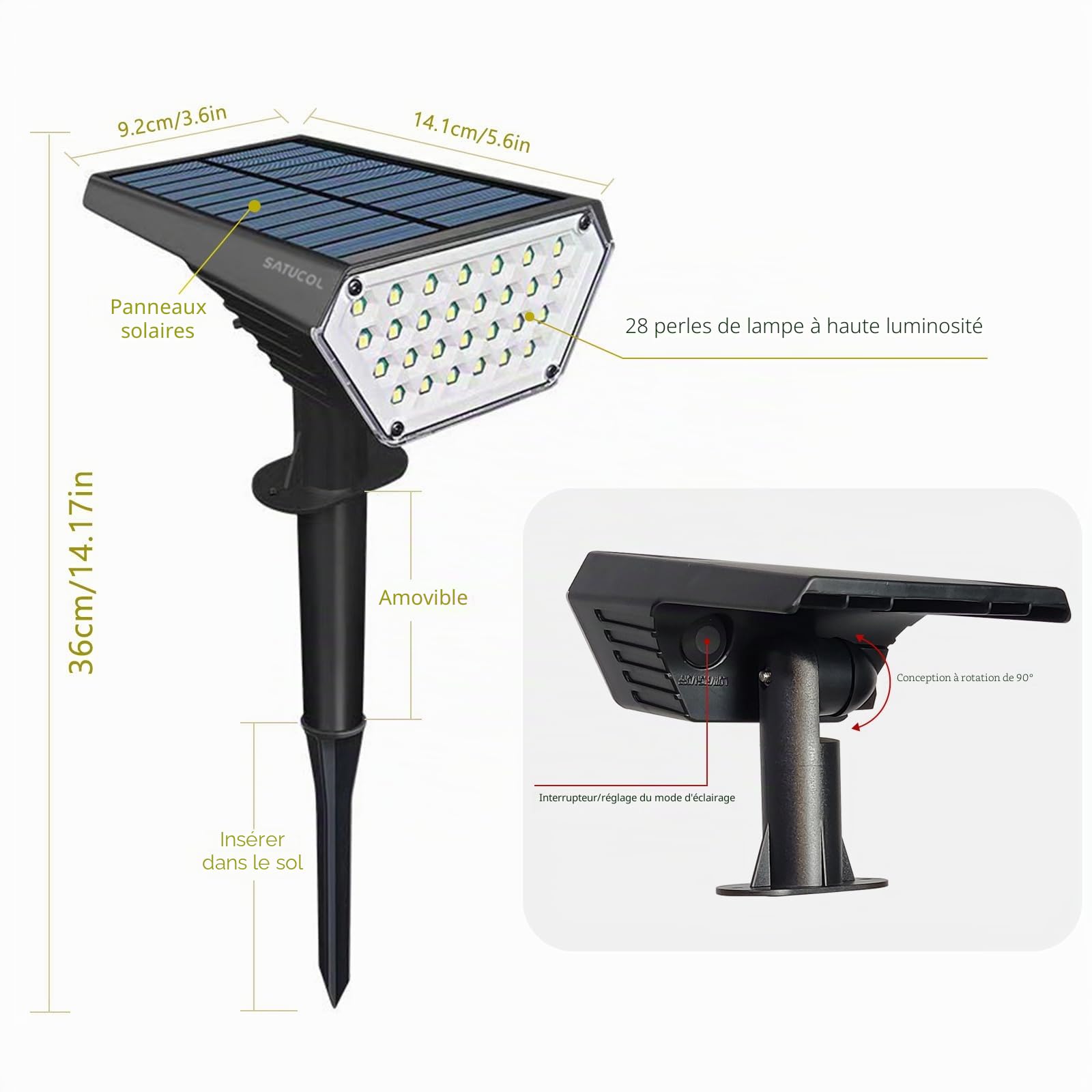 Lot de 6 spots solaires d'extérieur, allumage/extinction automatique, étanches IP65, éclairage extérieur 2 en 1 à énergie solaire, pour jardin, allée (blanc chaud)
