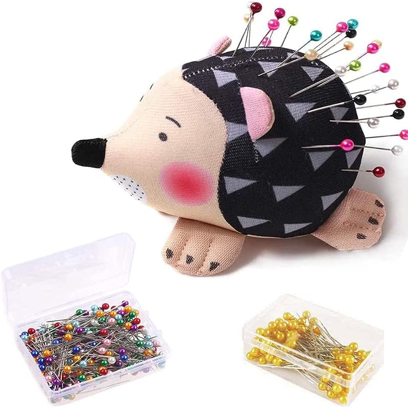 CICITOYWO Alfiletero con forma de erizo, lindo alfiletero, kit de costura, accesorios, suministros, soporte para cojines de aguja con 200 piezas de cabezas de bolas de colores, alfileres de tela rectos para joyería, acolchar, manualidades