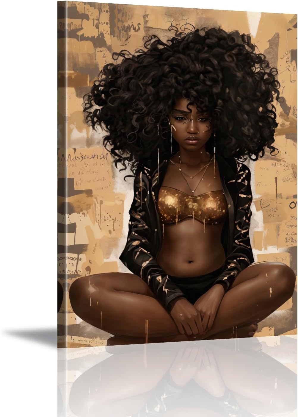 Canvas Wall Art Sexy African American Print Picture Black and Gold Clothes Black Women Portrait Painting Poster Graffiti Background Artwork for Girls Living Room Bedroom Decor(Por-03,20"x30")