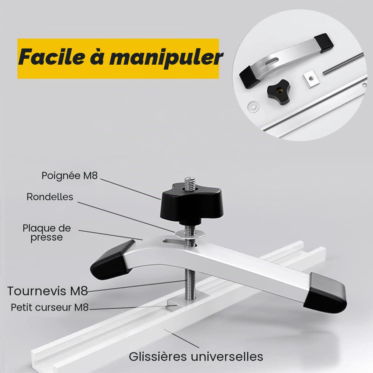 Lot de 2 Rail Aluminium T-Track Clamp, T Track Jeu de Pinces de Maintien en T à Action Rapide en Métal, M8 Tige Filetée pour Outil de Travail du bois T-Slot(2Pcs)