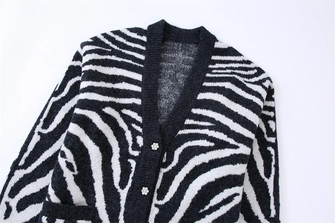 Disimlarl Chaqueta de punto con estampado de cebra para mujer, cuello en V, holgada, de manga larga, abrigo chic femenino