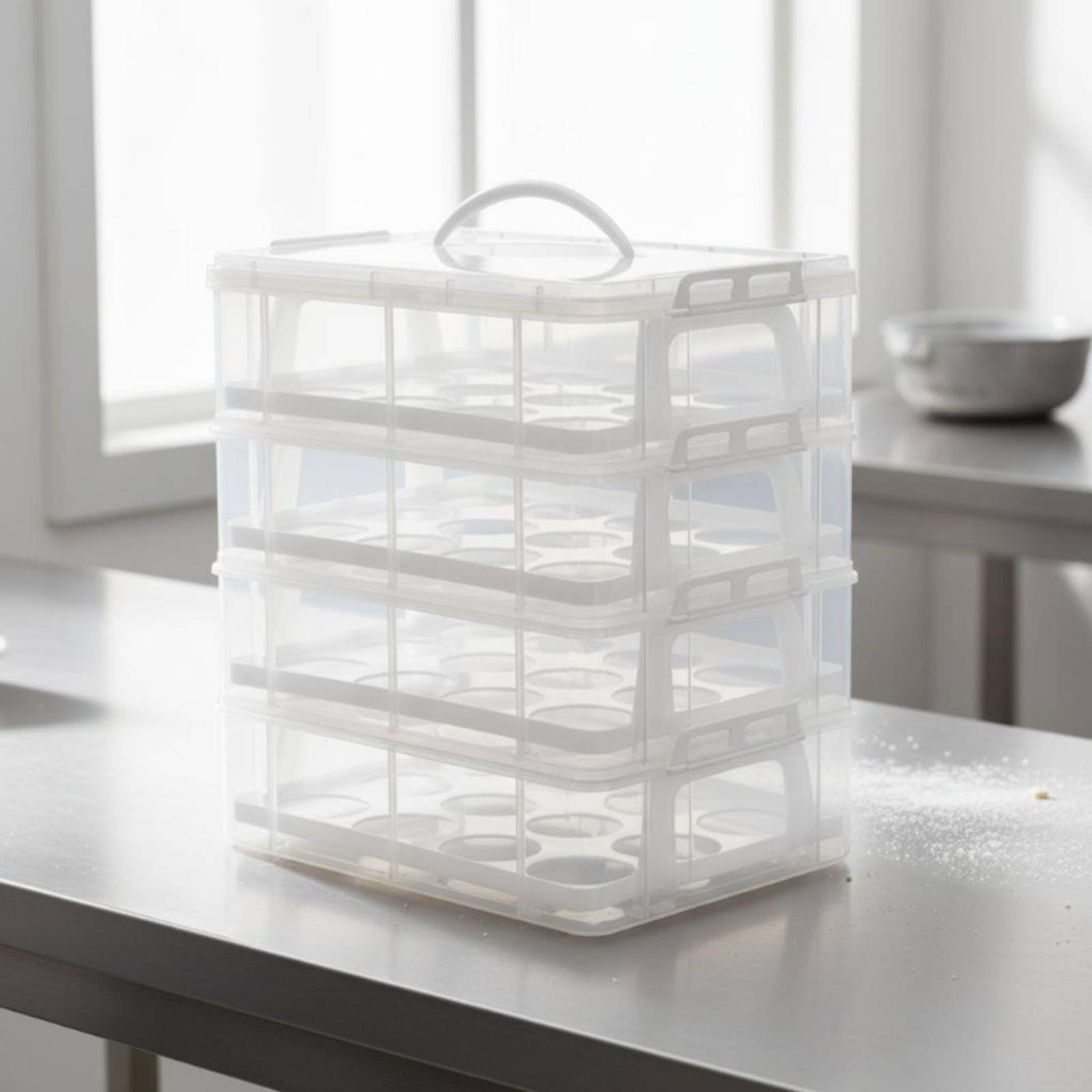 predolo Contenedor de Magdalenas de Varios Niveles con Asa Apilable Caja Transporte Postres Transparente Organizador Cupcakes Plástico para Picnic, White, 4-Layer