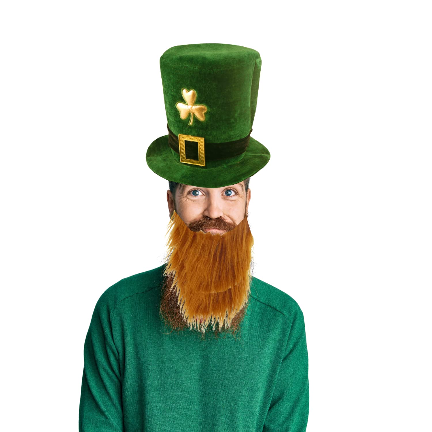 Lizzy 1 x Deluxe Velvet Shamrock Top Hat with Beard | St Patrick's Day Leprechaun Costume Hat | Irish Fancy Dress Accessory | Adult One Size | Green Novelty Party Hat