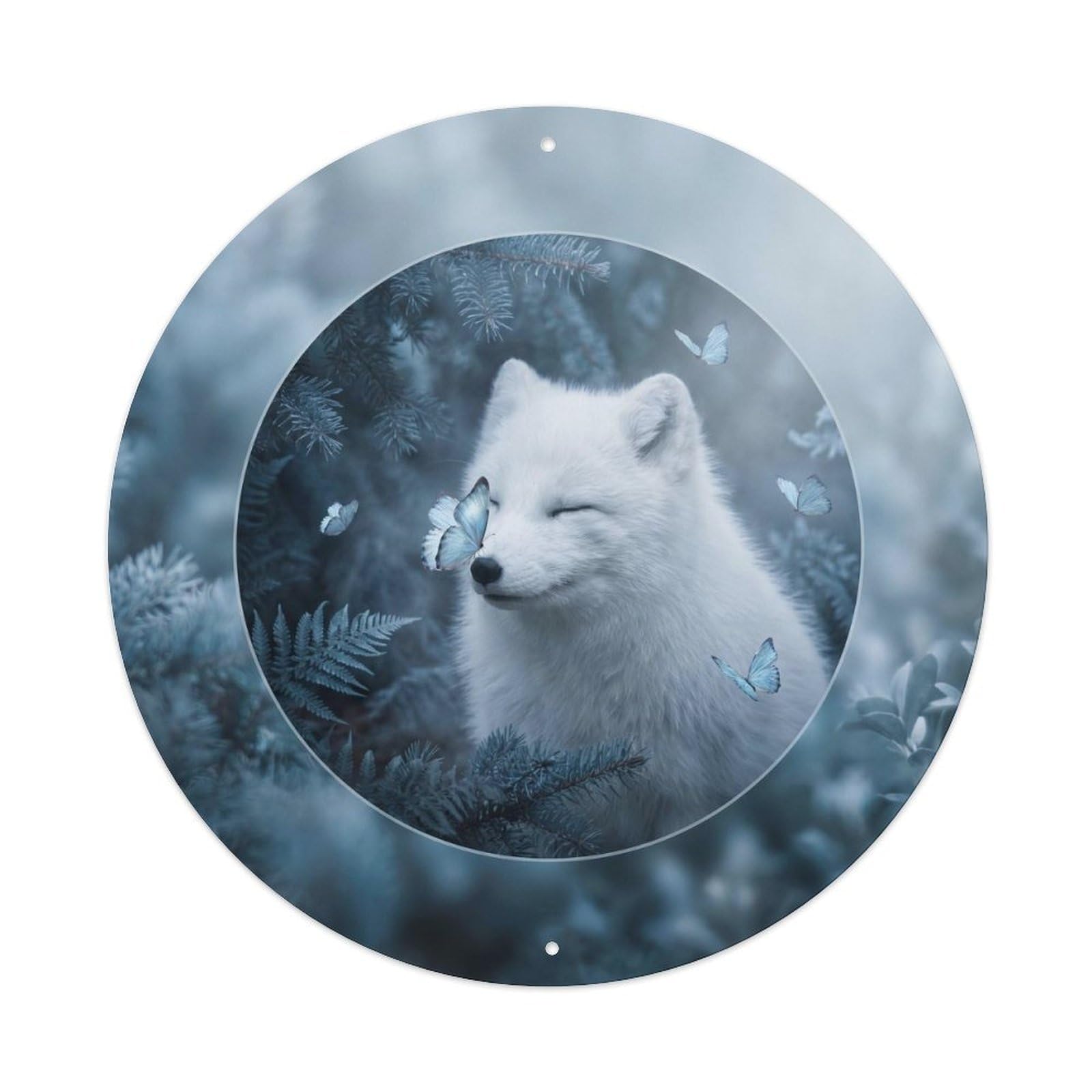 Arctic Fox Zen Wildlife Winter Forest Calm Nature Portrait Metal Tin Sign Plaque Wall Decor for Cafe, Man Cave, Club Bar, Office, Home Garden Round Metal Poster 8x8Inch
