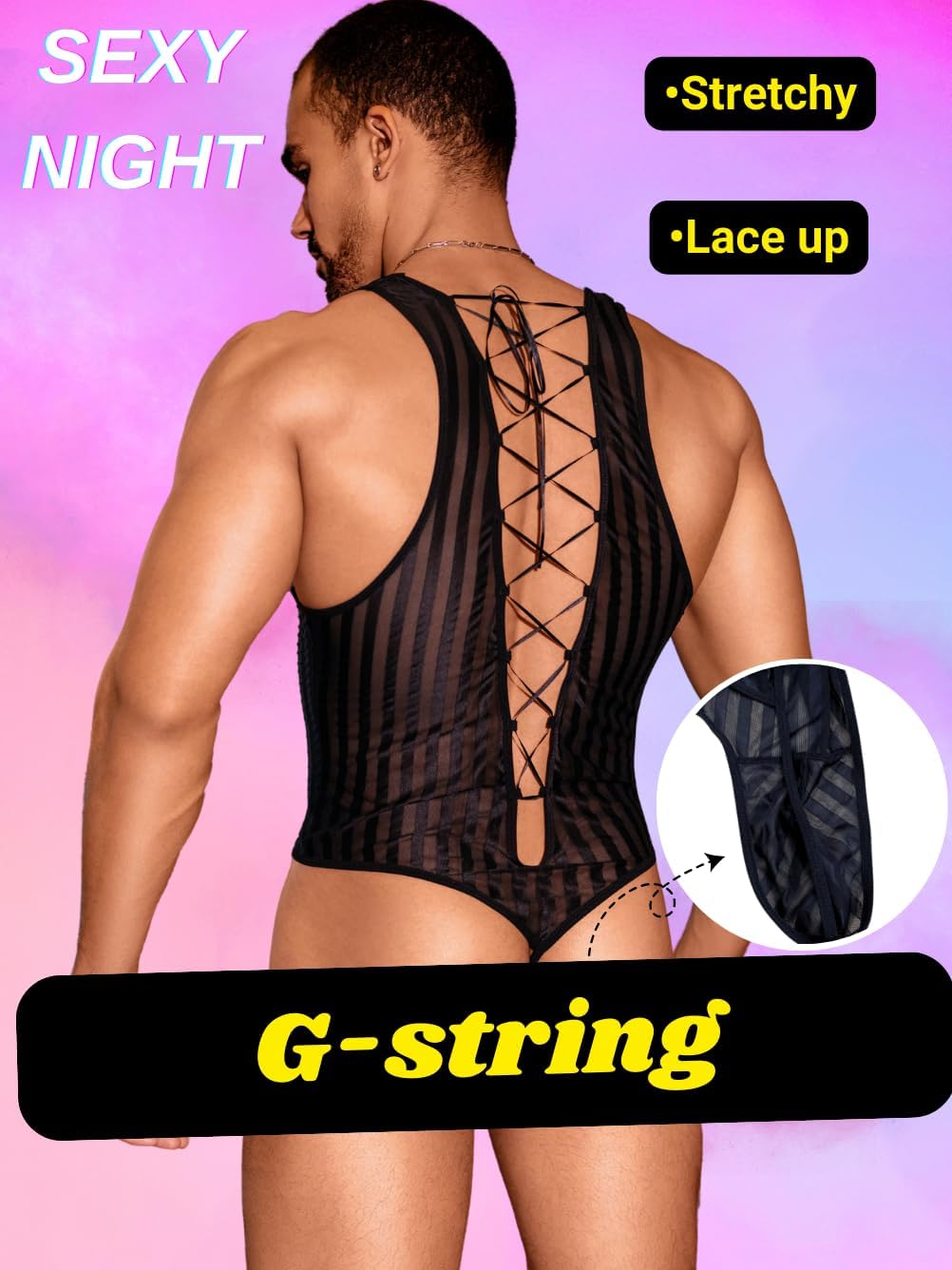 Mesh Bodysuit for Men, Mens Thong Lingerie, Sheer Tank Top Man, Sissy Clothes Singlet Sexy Underwear Fishnet Gay - Image 3