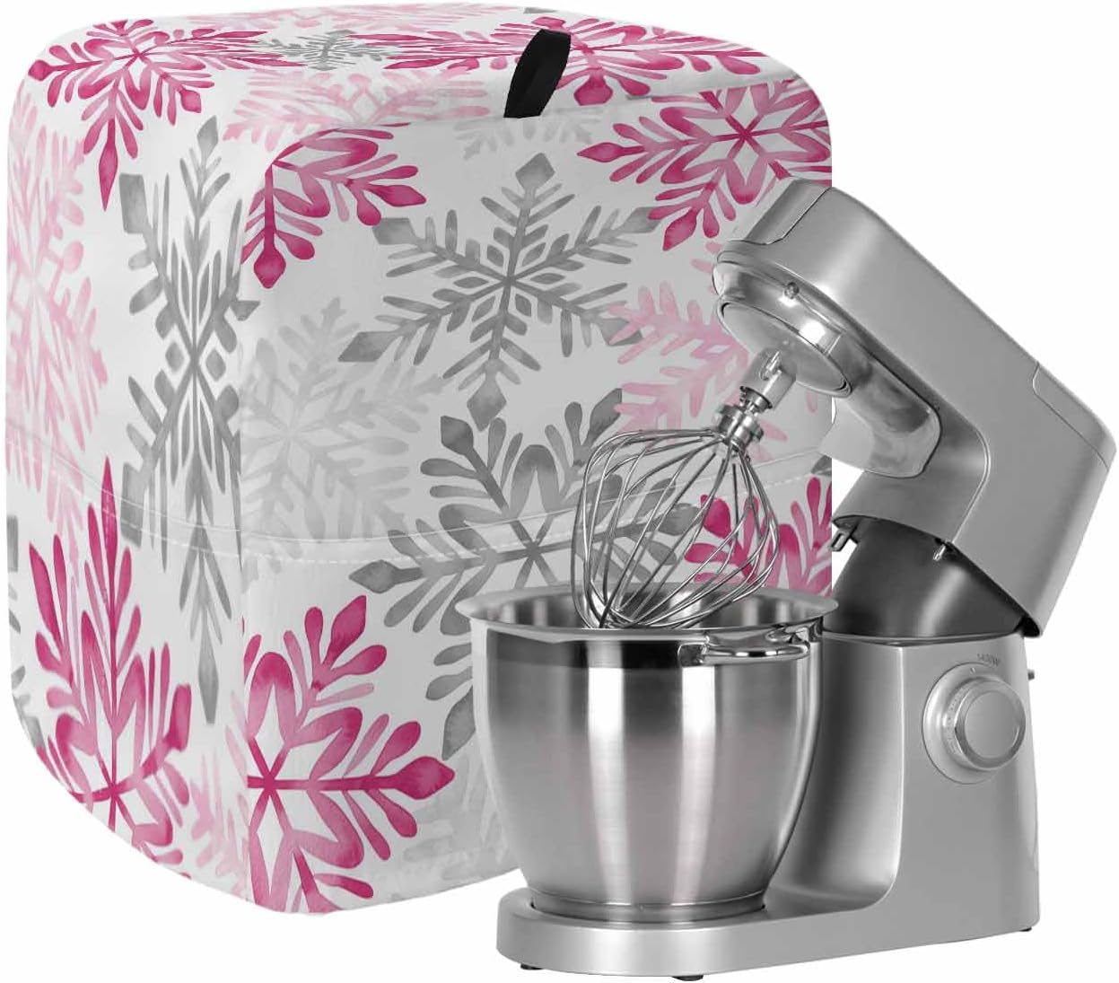 Pink Grey Christmas Snowflakes Stand Mixer Cover with Storage Pocket, Waterproof Kitchen Mixer Covers, Winter Xmas Textured Kitchen Appliance Dust Cover Compatible with 5-8 Quart Mixers