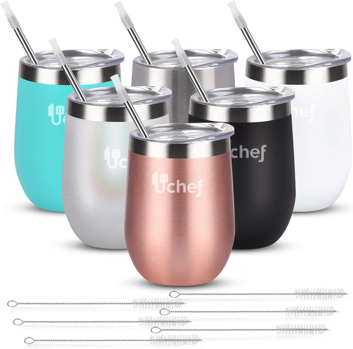 U Chef Juego de 6 Vasos para Vino de Acero Inoxidable de 355 ml, Tazas de Doble pared aislada al Vacío con tapas y popotes, Vaso Térmico para Whisky y Cerveza, Termo para Agua y Café (Multicolor)