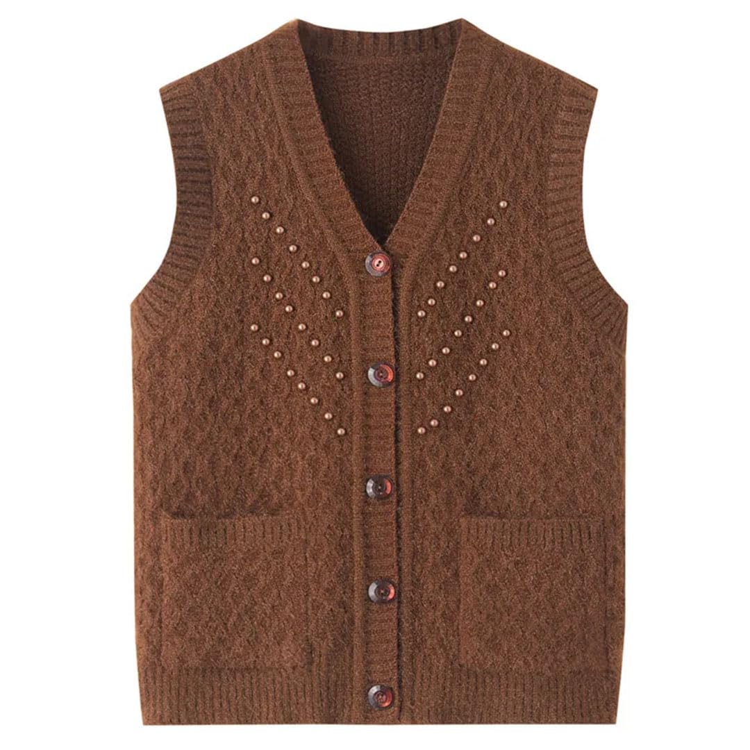 Middle Aged Mother Waistcoat Autumn Knitted Vest Korean Women Winter Beaded Sweater Top Brown