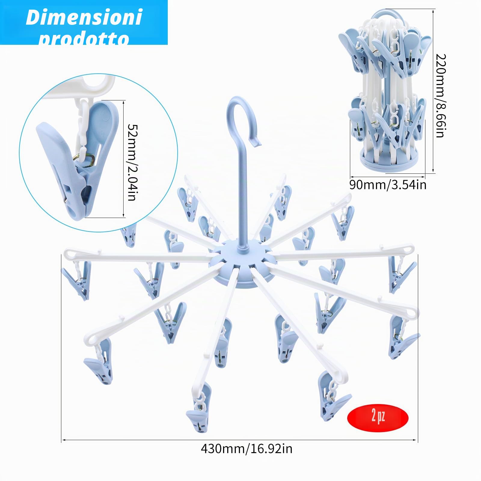 2 Pezzi Stendibiancheria con 40 Pinze, Stendino per Calzini Pieghevole, Appendiabiti per Calzini, Stendino in Plastica Girevole a 360°, Per Biancheria Intima, Calzini, Asciugamano (Blu)