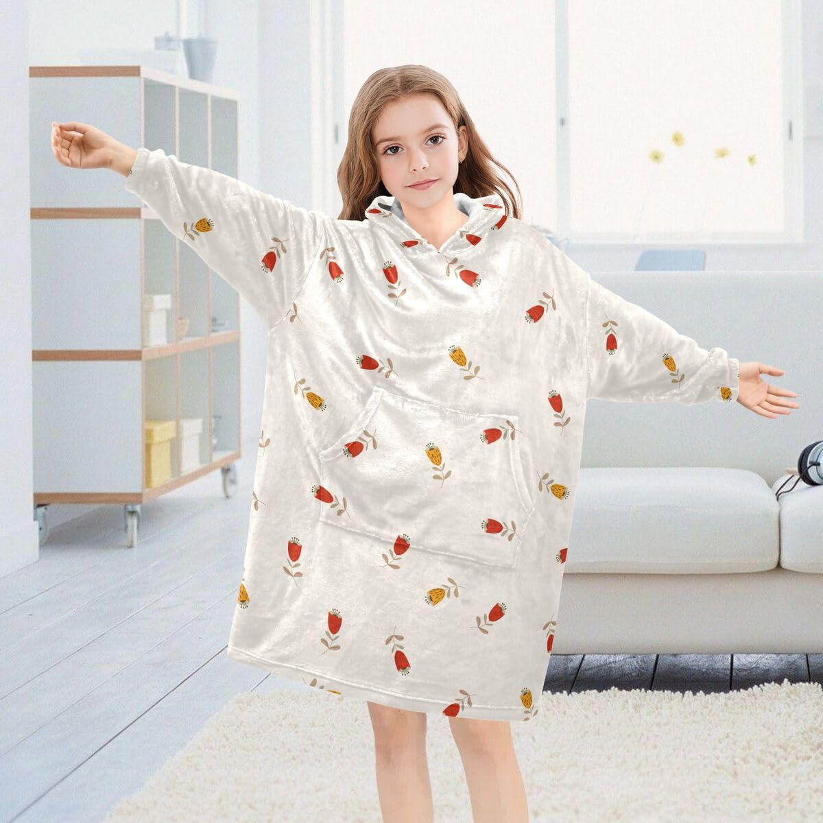 Kolorowe kwiaty dziecięcy koc do noszenia bluza z kapturem oversize bluza koc sweter wiosna kwiatowy dla chłopców dziewcząt w wieku 3-14 lat