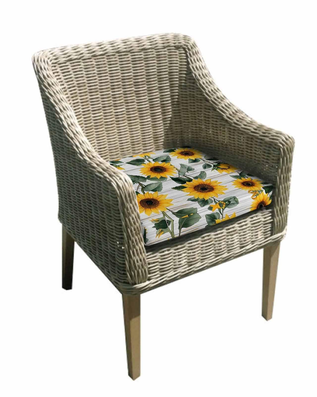 2 Pack Country Sunflowers Waterproof Cushion Covers with Ties, Outdoor Patio Chaise Lounge Chair Seat Cushion Slip Covers Replacement(Only Cover) Retro Pastoral Floral Wooden Plank 22