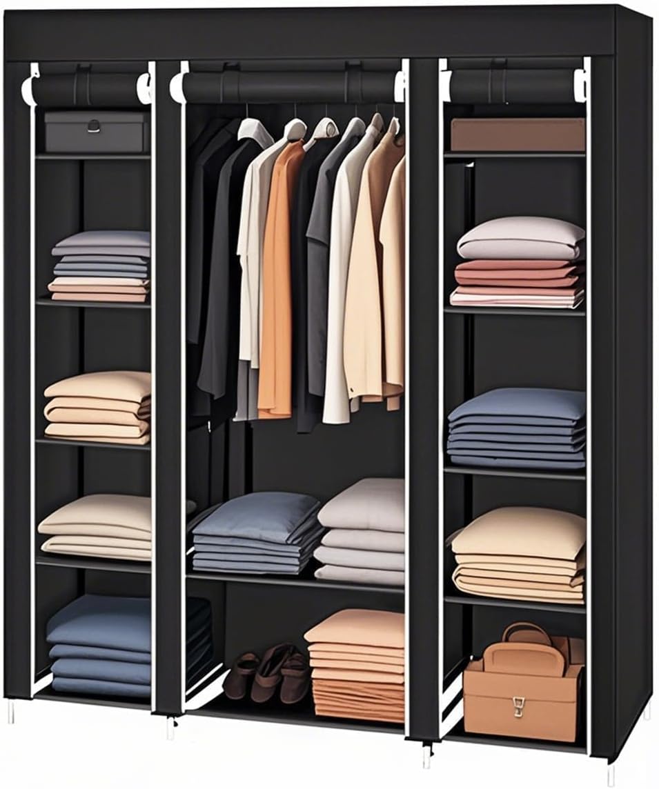 Portable Closet, Wardrobe Closet Organizer with Cover, Portable Closet with Zipper, 59x17.7x69 Inches, with 3 Hanging Rods and 12 Storage Shelves, Spacious Large-Capacity Storage Space, Black