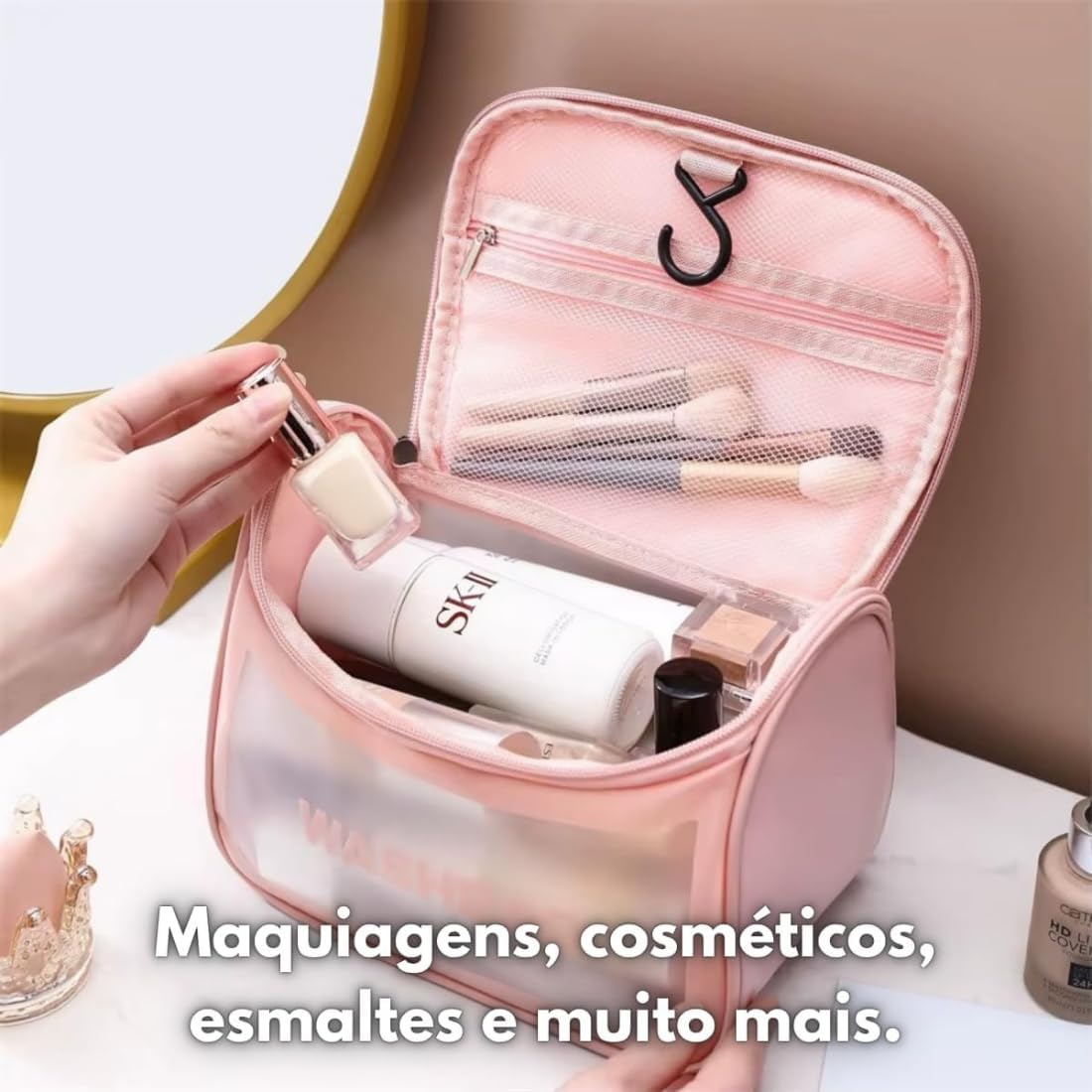 Necessaire Transparente Viagem Bolsa Ideal para Cosméticos Maquiagem Higiene Pessoal Fechamento com Zíper Fácil Acesso Design Moderno Funcional Impermeável (Rosa)
