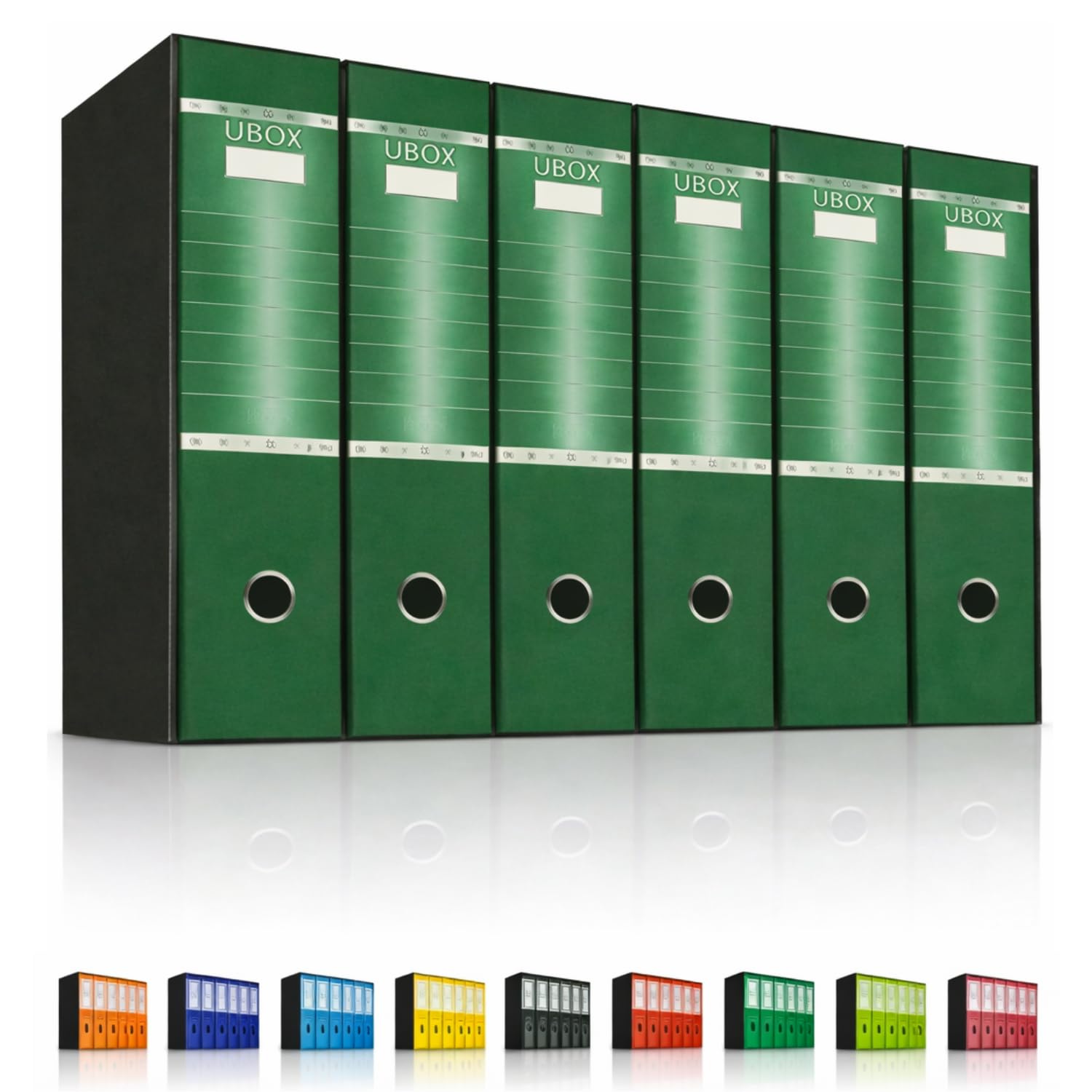 LogicaShop UBOX 6 Raccoglitori ad Anelli A4 Dorso 8 con Custodia Cartone, Formato Protocollo, Registratore con Meccanismo a Leva D, Raccoglitore con Scatola, Faldone Universale (Verde)