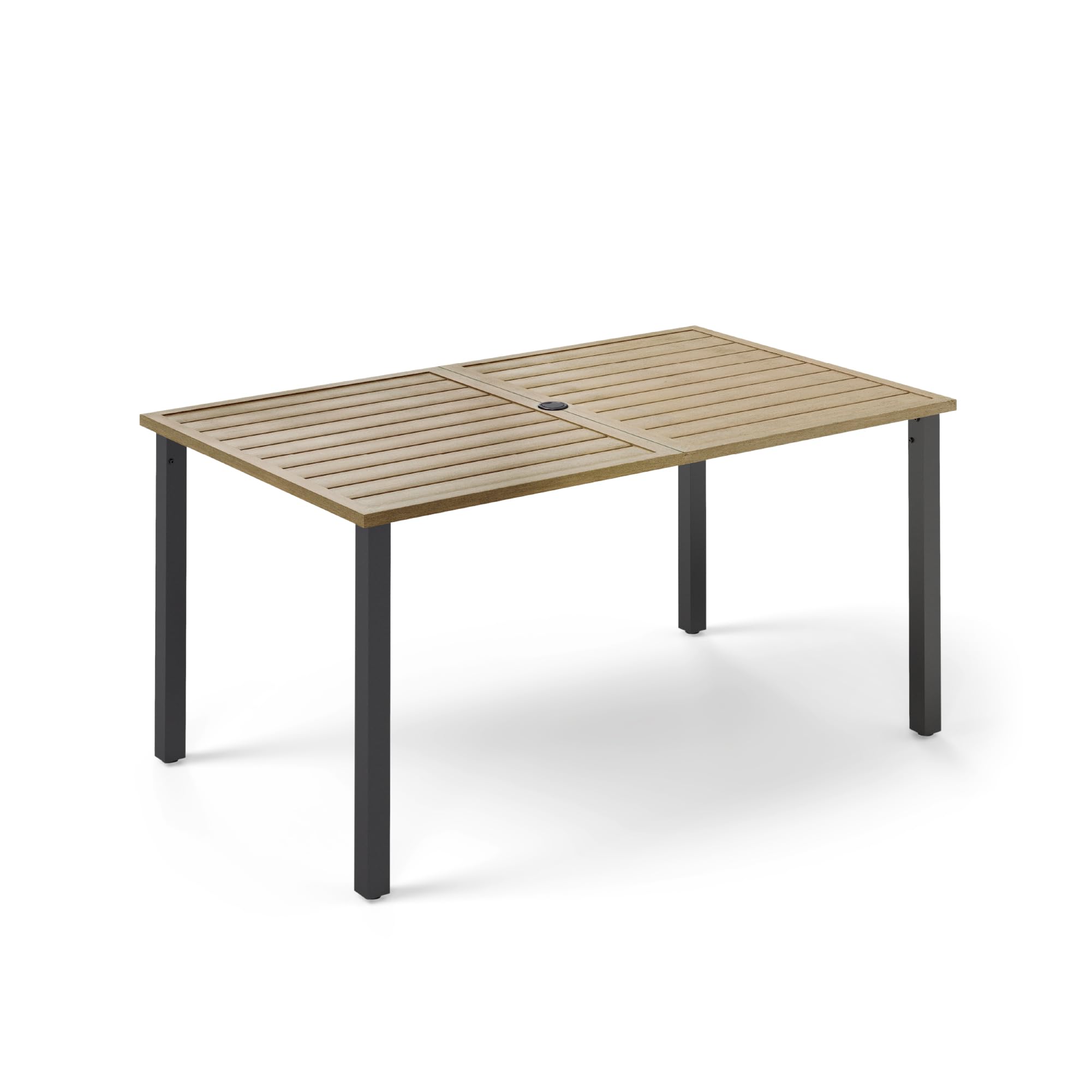 MFSTUDIO 152 x 92 x 73cm Garden Table, Outdoor Dining Table with Teak Color Table Top, Metal Rustproof Steel Frame, Adjustable Diameter of Umbrella Hole (4-5cm)