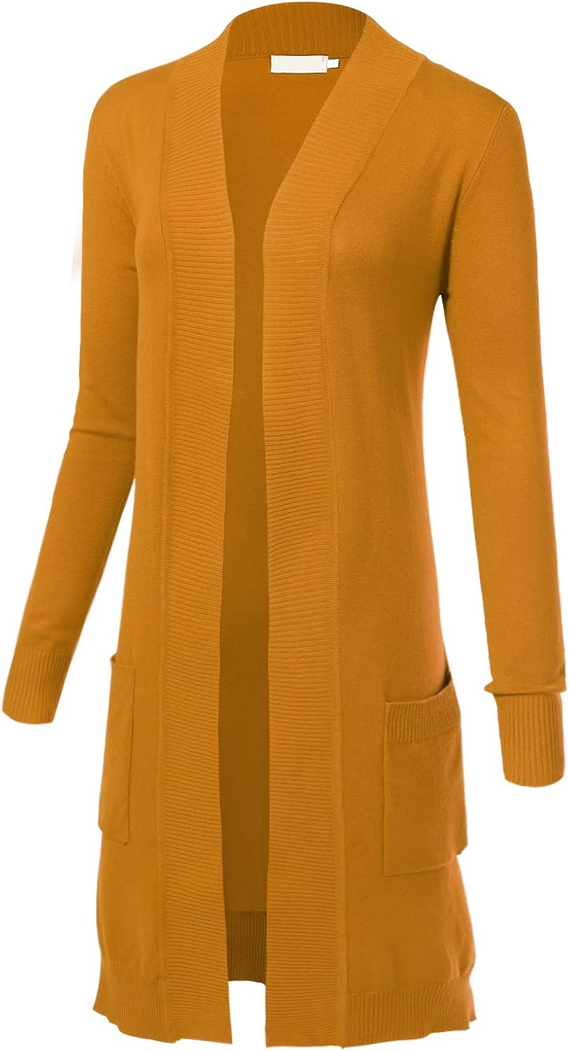Women's Long Sleeve Open Front Loose Maxi Knitted Long Cardigan Sweater with Pockets Small Mustard