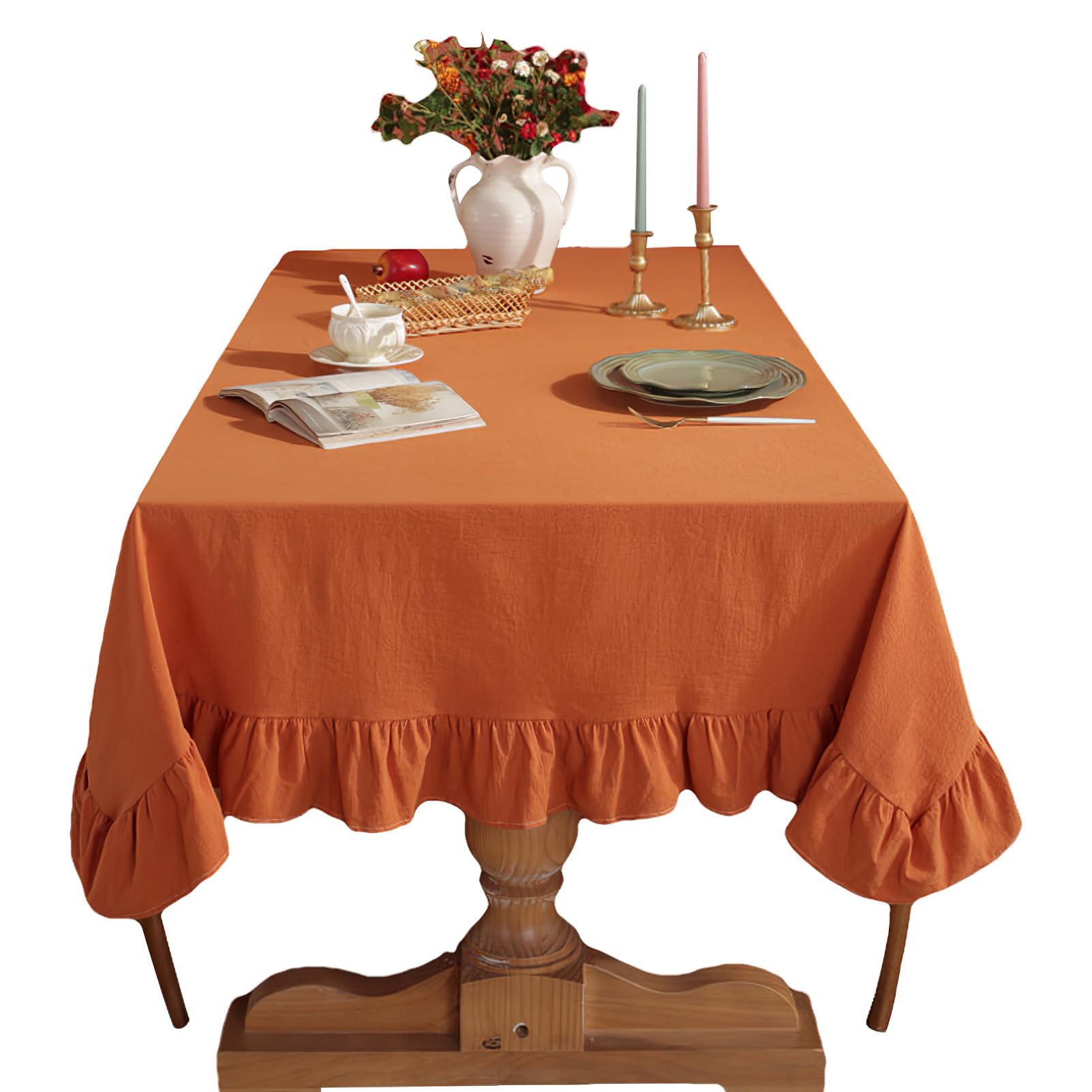 apott Orange Ruffle Tablecloth Square Farmhouse Table Cover Flounce Chic Table Cloth Kitchen Linen Overlay for Party Wedding 55x55 Inch — image 1