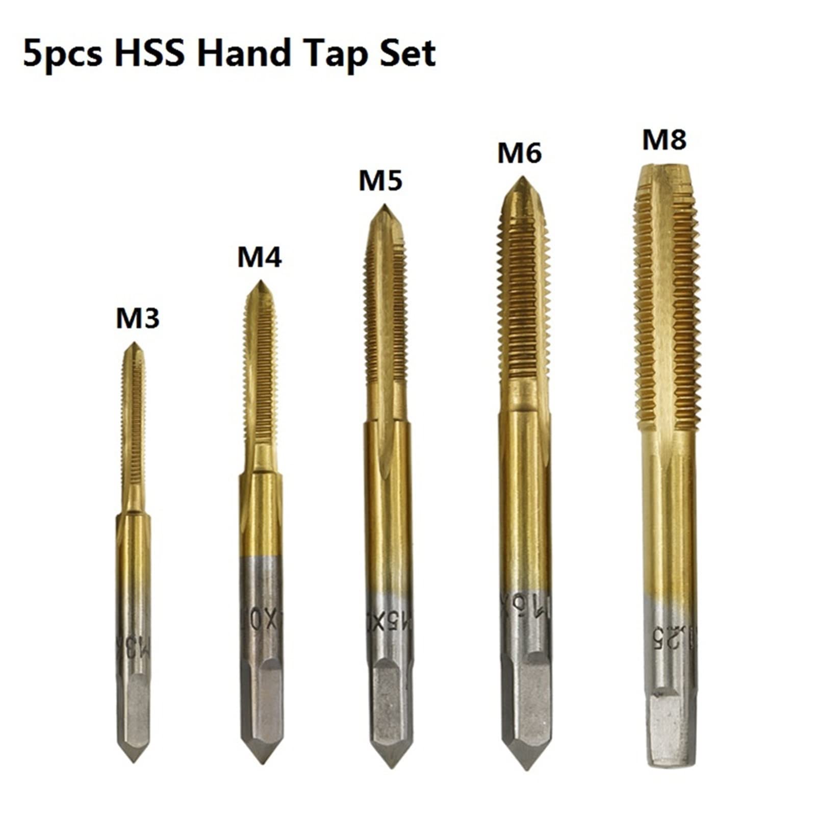 Set di 5 Maschi a Mano Rivestiti in Titanio M3 M4 M5 M6 M8 HSS con scanalatura Dritta, Maschi per Filettatura Destra, Set di Punte filettate MINGPING