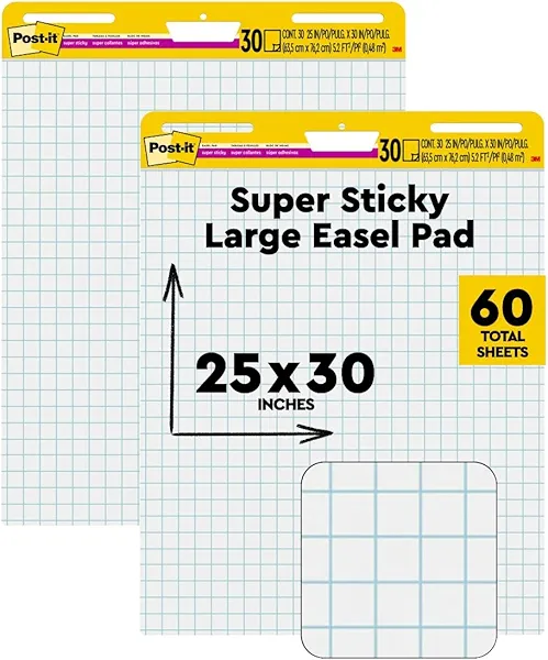 Post-it Super Sticky Easel Pad 25 x 30 Inches 30 Sheets/Pad 2 Pads (560) Large White Grid Premium Self Stick Flip Chart Paper Super Sticking Power