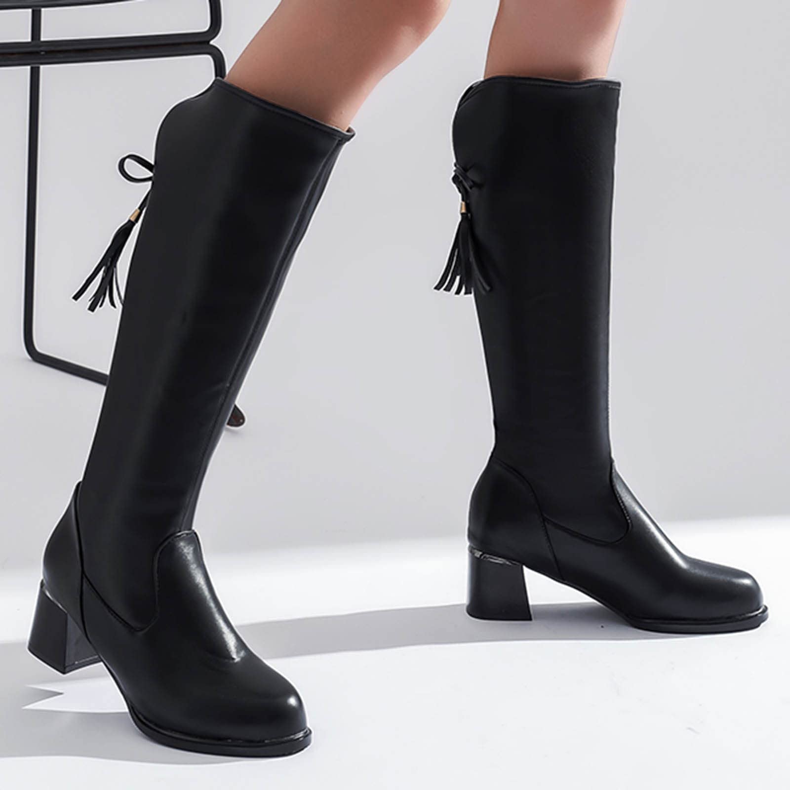 Stivali Alti Stivaletti Boot Donna Scarpe Lunghi da Cavaliere Occidentali con Lacci e Tacco Basso Esterno