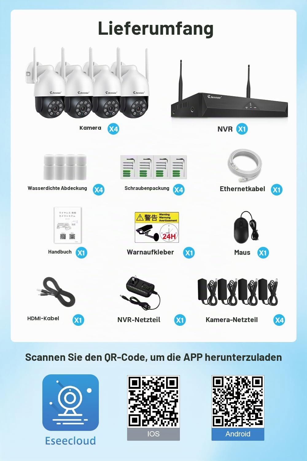 【5MP+360°PTZ】 Jennov Überwachungskamera Set Aussen WLAN, 5MP 10CH NVR und 4Pcs PTZ WiFi Kameras mit Farbe Nachtsicht, 2-Wege Audio, 24/7 Aufnahme, Personenerkennung, Automatische Verfolgung,1TB HDD