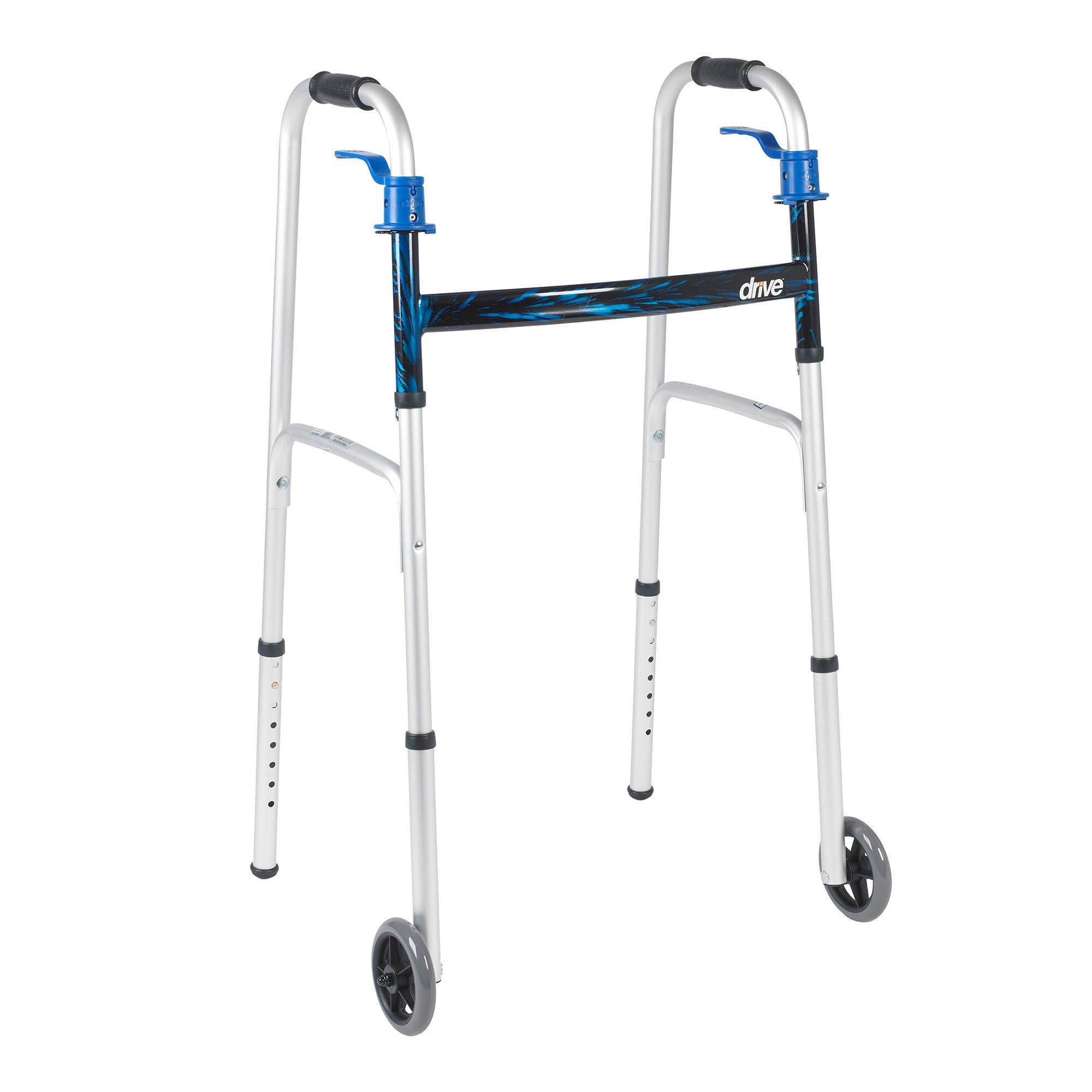 Photo 1 of ***STOCK PHOTO FOR REFERENCE ONLY***Drive Medical Trigger Release Folding Walker - Lightweight Brushed Steel Design - Easy Trigger Folding Mechanism - 5 Inch Wheels - Contoured Hand Grips - Senior Mobility Aid