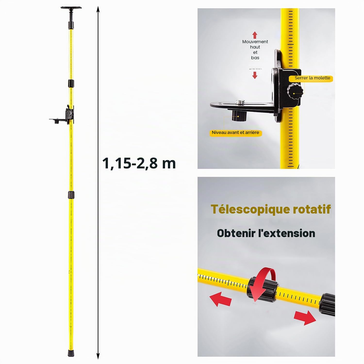 Tige Telescopique Niveau Laser, Support Laser, Mât Télescopique de Nivellement,115 à 280 cm de Hauteur, avec Table Élévatrice pour Lasers Rotatifs et à Lignes,Pour Laser à Lignes Croisées de 360°