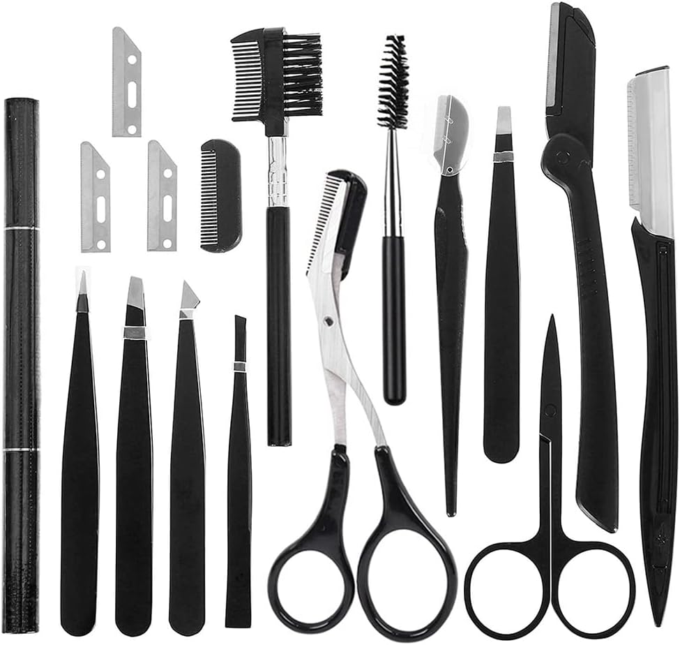 Funito 16 in 1 Eyebrow Grooming Kit, Eyebrow Kit Dermaplaning Tool Include Face Razor, Tweezers, Scissors, Comb, Trimmer, Brush, Beauty Tools Set for Men,Women into Clear Bag