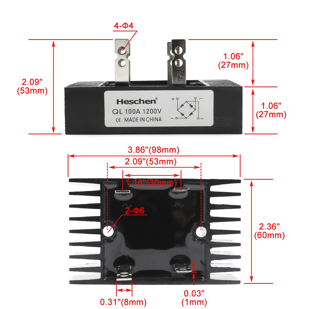 Heschen Raddrizzatore a ponte monofase, QL-100A, modulo a diodi, 100A, 4 terminali