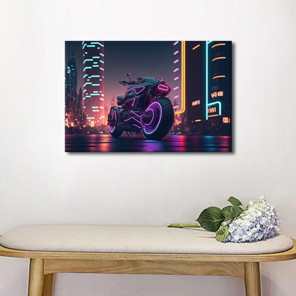 1 Panel Canvas Print Art Set Futuristic Style Motorbike or Big Bike with Neon Light Cityscape Posters Modern Wall Art for Bedroom Living Room Wall Decorative Ready to Hang - Image 4