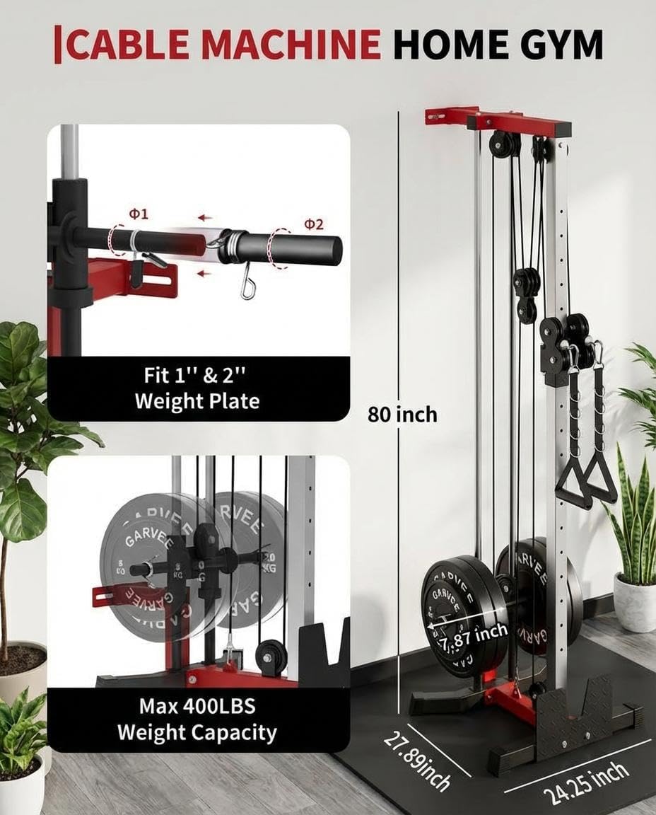 Wall Mounted Cable Machine for Home Gym, 19-Position High & Low Cable Machine with Dual Pulley System,LAT Pulldown, 400Lb Capacity, Space Saving Strength Training Equipment for Garage & Home