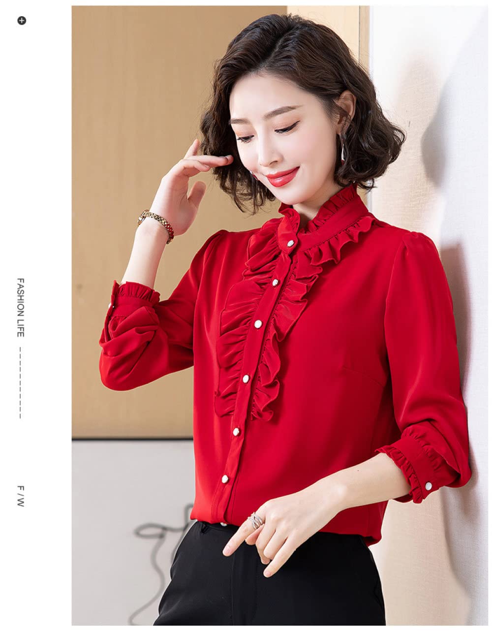 LITTLA Hemd Damen Oberteile, Damen-Chiffon-Langarmbluse Elegant Einfarbig Rosa Mit Rüschen Stehkragen Hemden Oberteile Mode Schmal Button-Down-Blusen Frühling Tunika-Oberteile Für Damen Mädchen