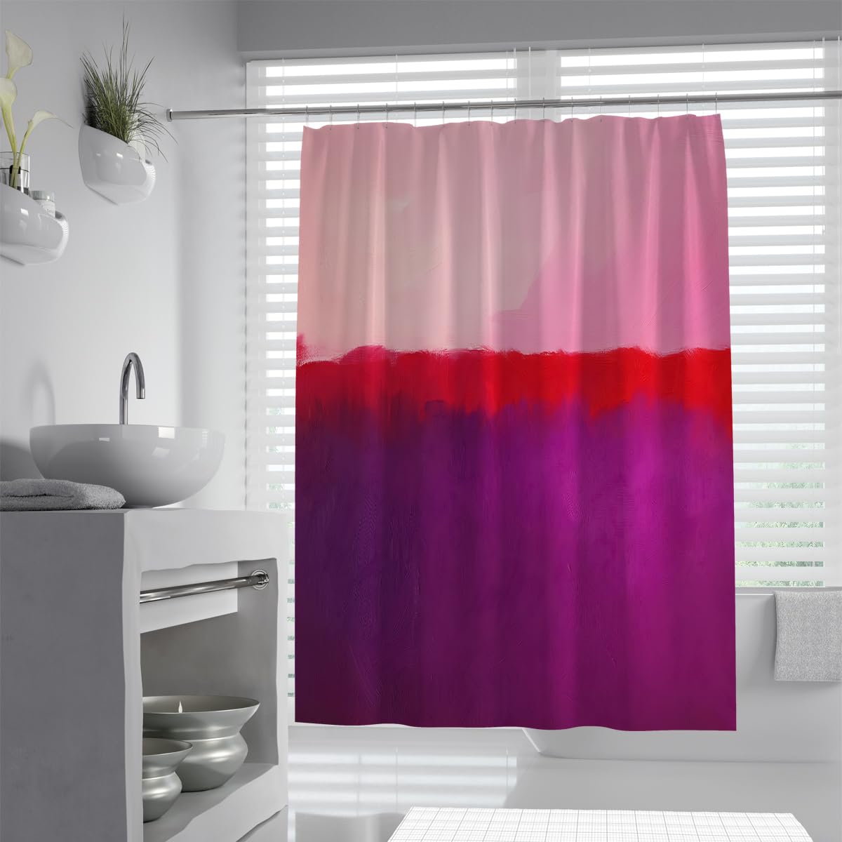 OLLIAR Home Watercolor Color Block Shower Curtain Modern Abstract Mid Century Shower Curtain Set Minimalist Pink Purple Curtain Waterproof Decor 240x180cm