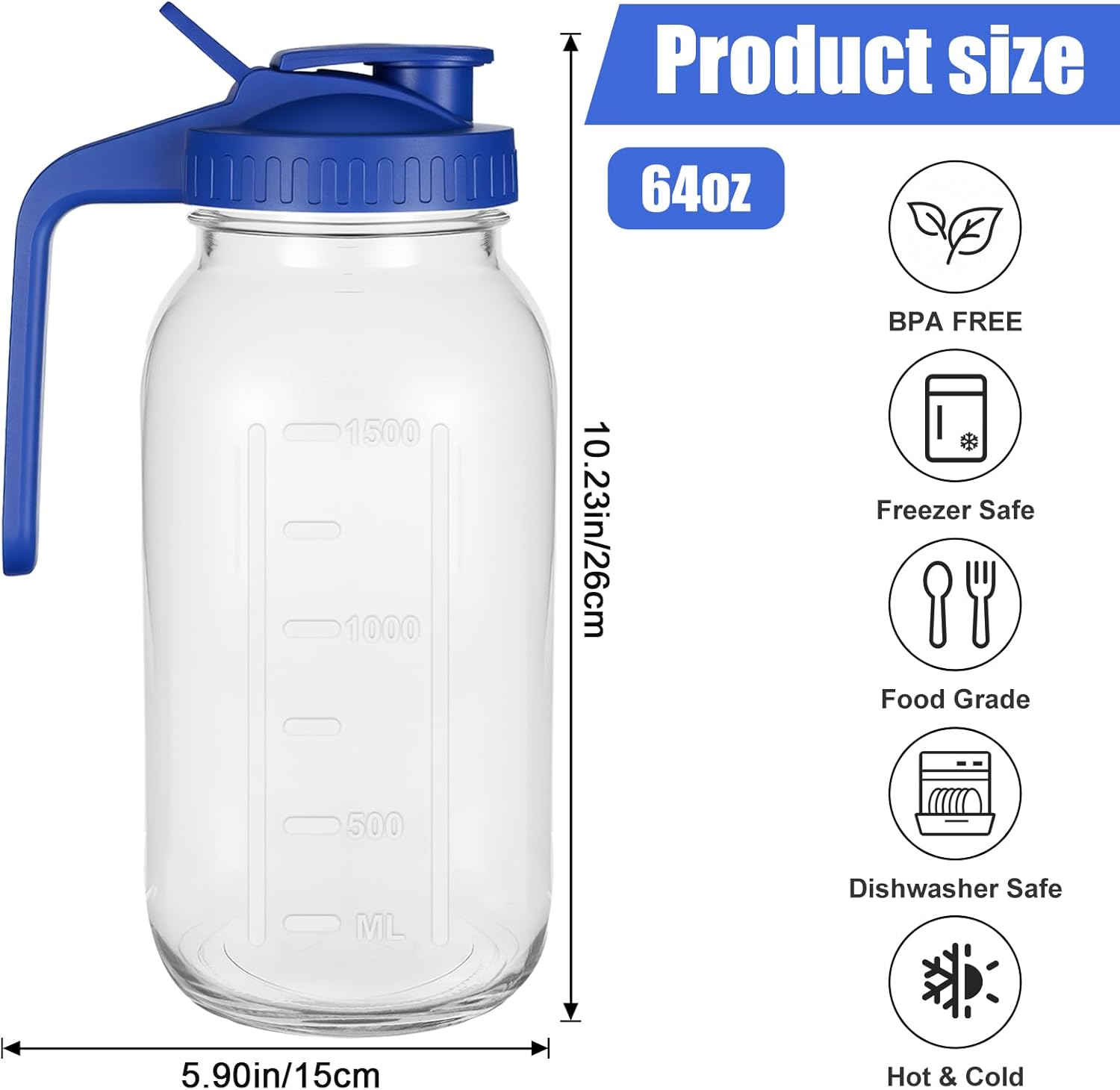 3 Pack Glass Mason Jar Pitcher with Pour Spout Lid, 64OZ Leak-proof Wide Mouth Jugs for Cold Brew Coffee, Breast Milk Storage, Water, Lemonade, Leak Proof - Image 2