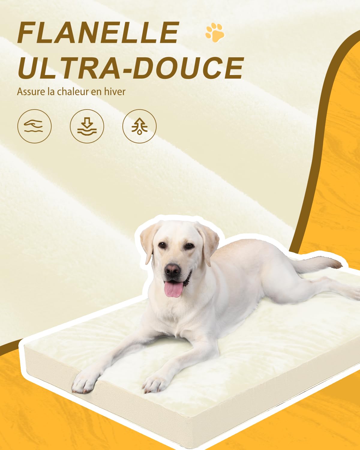 Panier Coussin Chien Dehoussable Lavable, Grande Taille Lit pour Chien Orthopédique, Tapis Matelas, 104x68cm, Fond Antidérapant, Beige