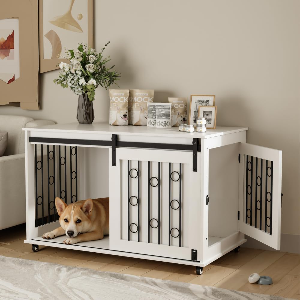 Dog Crate Furniture with Sliding Barn Door & Side Door, 39.4" Indoor Dog Kennel End Table for Small Medium Dogs with Lockable Wheels - White, 25.6" H