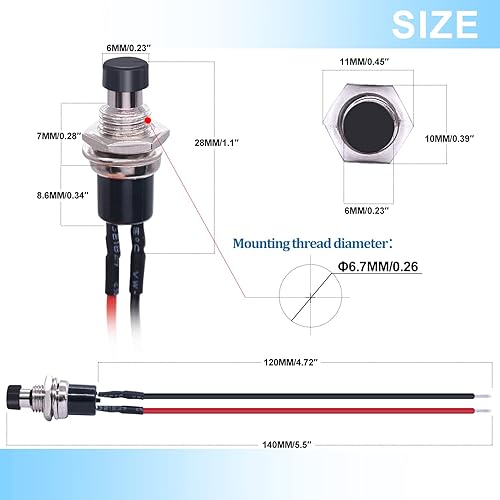 Miniatura 3 de Twidec 10 unids 1A 250 V AC 2 pines SPST negro normal abierto mini interruptor de botón momentáneo con cables pre-soldados PBS-110-XBK