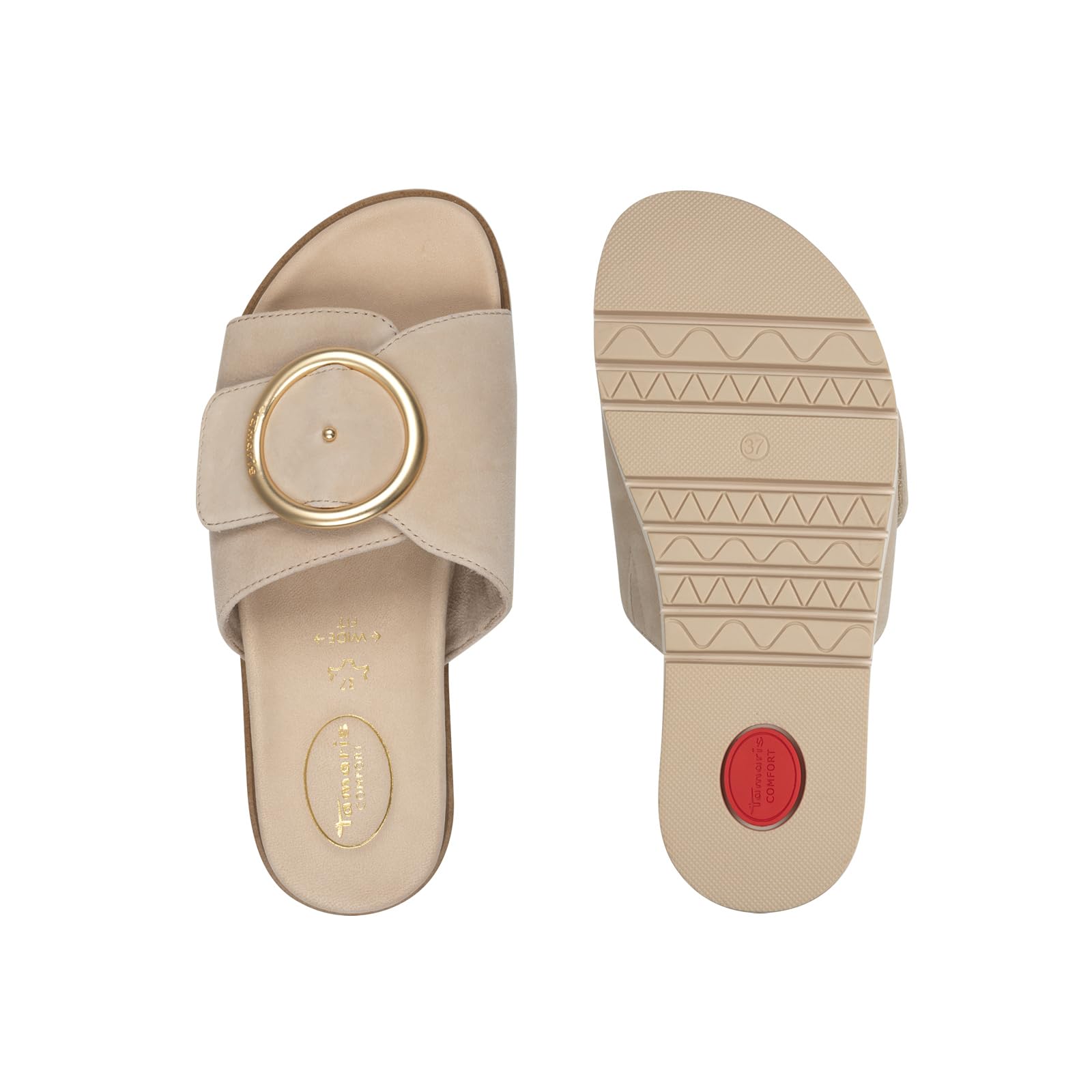 Tamaris Damen Wide Fit Pantoletten flach mit Klettverschluss und Schnalle