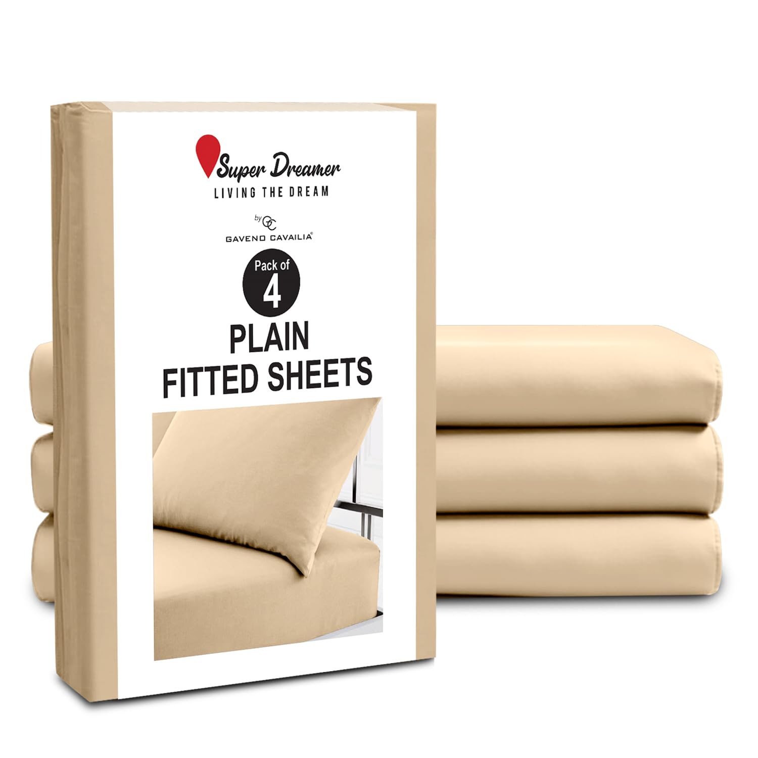 GC GAVENO CAVAILIA Microfiber Fitted Sheet Single - 4 Pack Plain Bed Sheets - Deep Pocket 10 inch (25cm) - Shrinkage, Fade & Wrinkle Resistant Bottom Sheet Washable Fit to Mattress (91x190 cm) - Beige