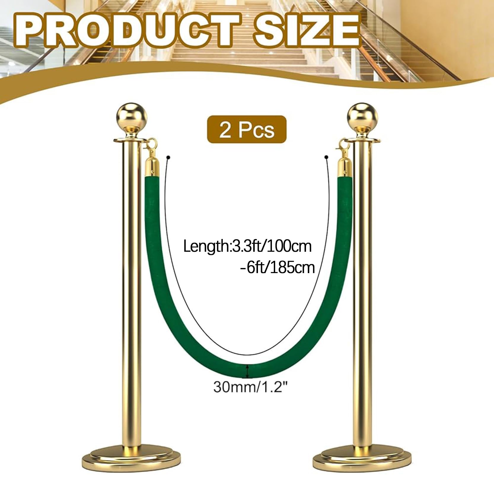 Samt-Rungenseil mit goldenen Haken, 2er-Pack Warteschlangen-Sperrseil,Absperrseile,Massenkontrollseil Sicherheits-Samtseile für Eröffnungen und Hotels,Grün(Size:3.3ft/100cm)