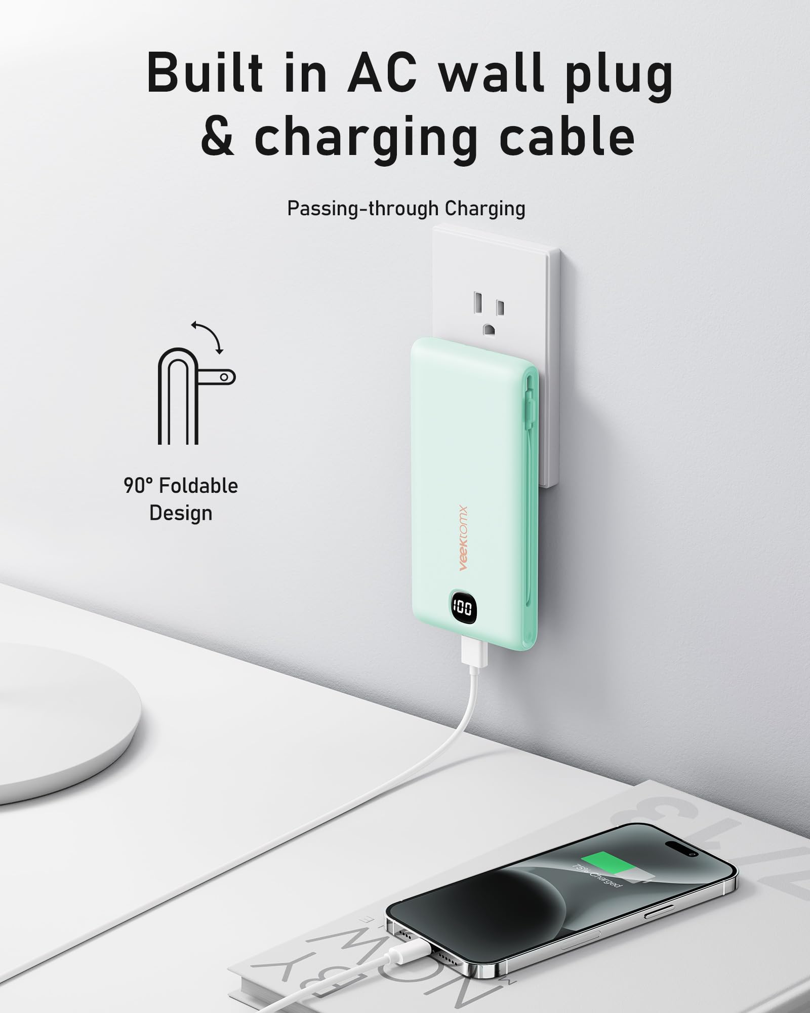 VEEKTOMX 10000mAh Portable Charger with Built-in Cables & Wall Plug view 6