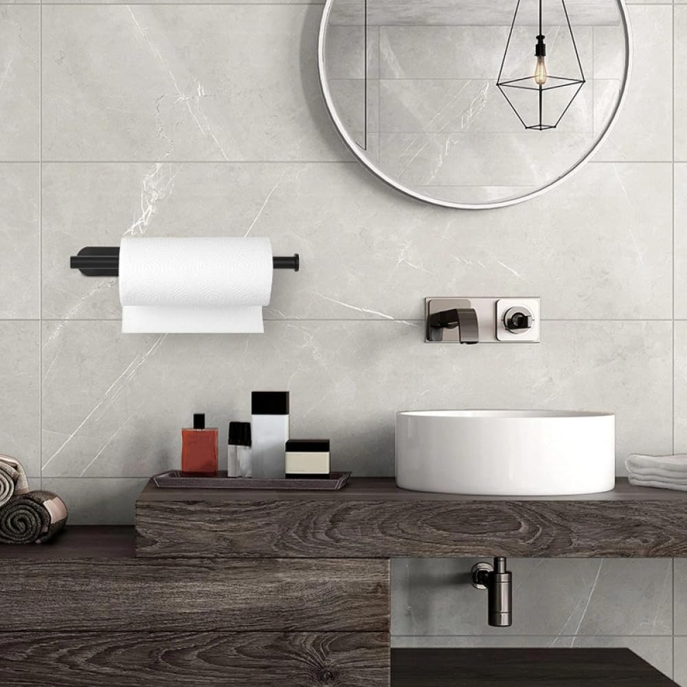 Portarrollos de papel higiénico adhesivo de acero inoxidable – Toallero de cocina montado en la pared y dispensador de servilletas negro – Organizador de pañuelos que ahorra espacio para baño y cocina