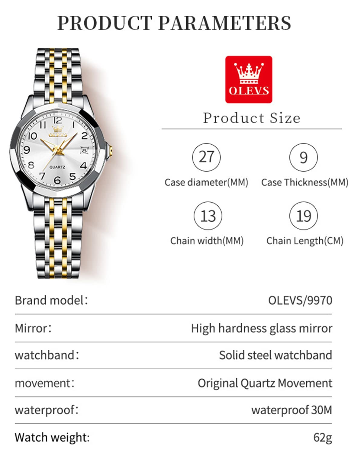 OLEVS Reloj de Pulsera para Mujer, con Diamantes de imitación, analógico, de Cuarzo, Acero Inoxidable, Impermeable, Luminoso, día, Fecha, Dos Tonos