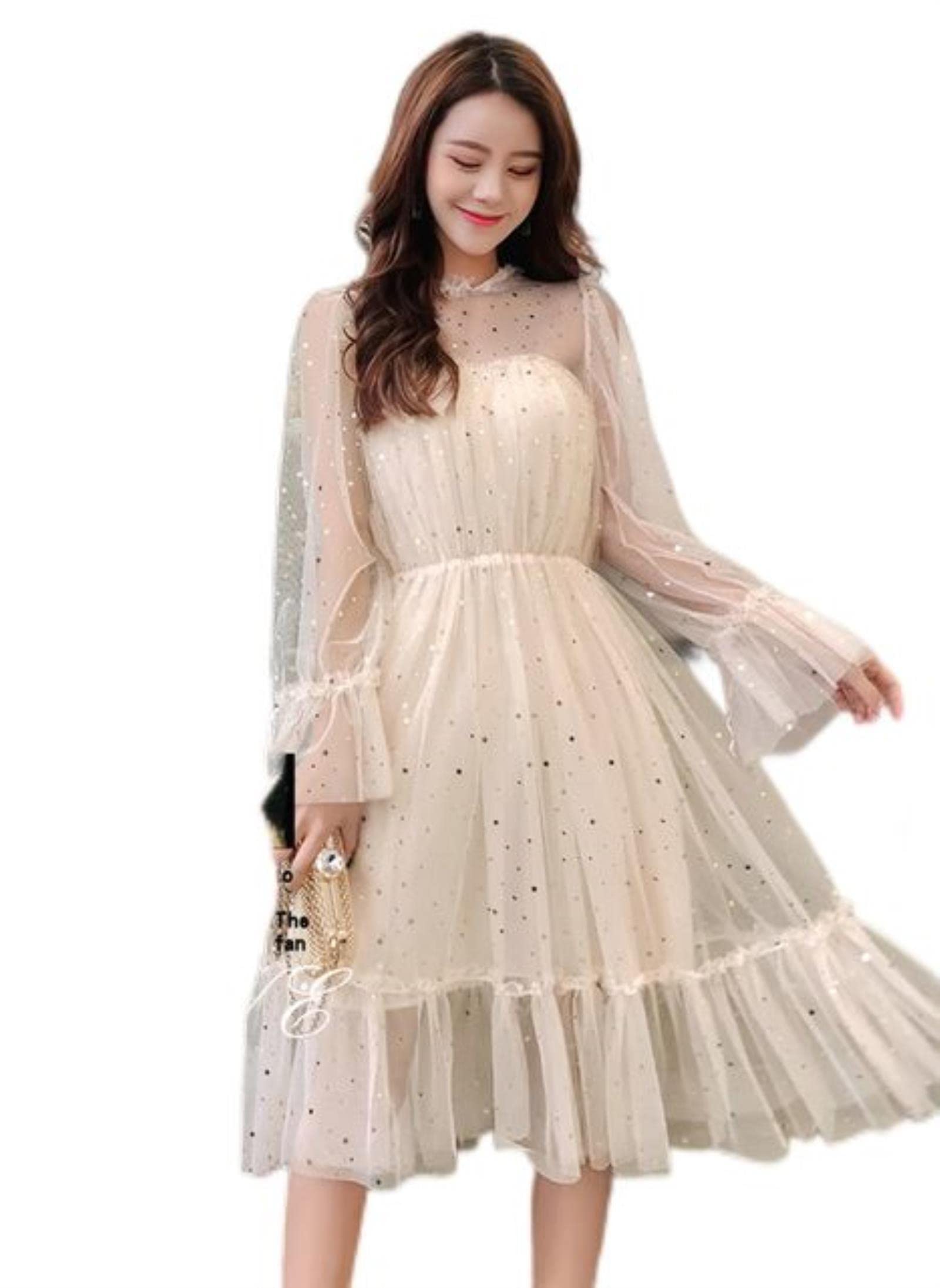 WEITING New Korean Fashion Women Dress Ruffled Collar Flare Sleeve Mesh Dresses See-through Lace Shiny Sequined Femme Vestidos Robe-apricot,XL