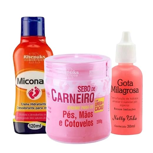 Kit Anti Rachaduras para Pés, Gota Milagrosa 30ml, Sebo de Carneiro 200g, Creme Miconaze 120ml