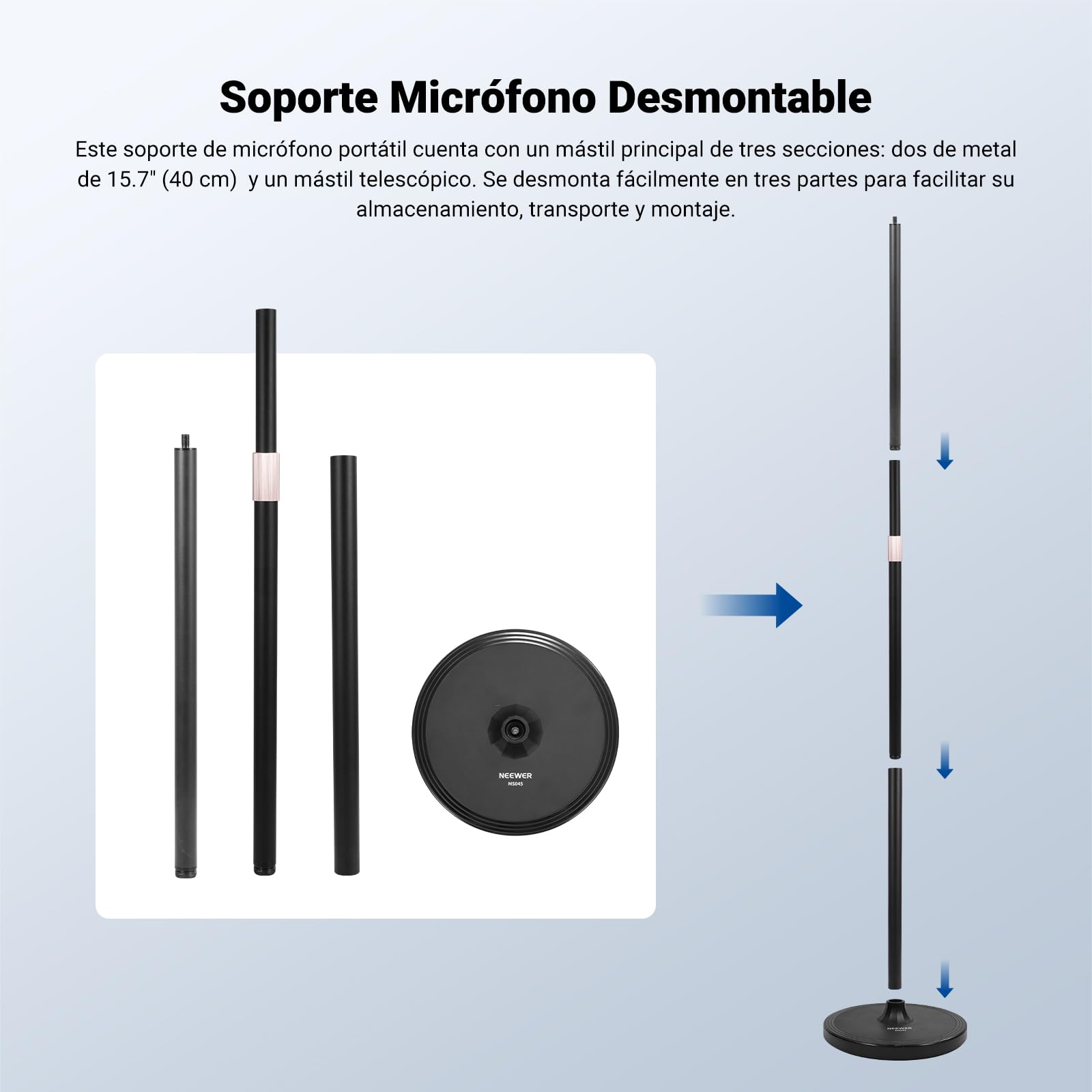 NEEWER Soporte de piso para micrófono, soporte de abrazadera de micrófono desmontable ajustable de 3 secciones con base pesada, compatible con Blue Yeti HyperX QuadCast Shure SM58 Samson Q2U Fifine