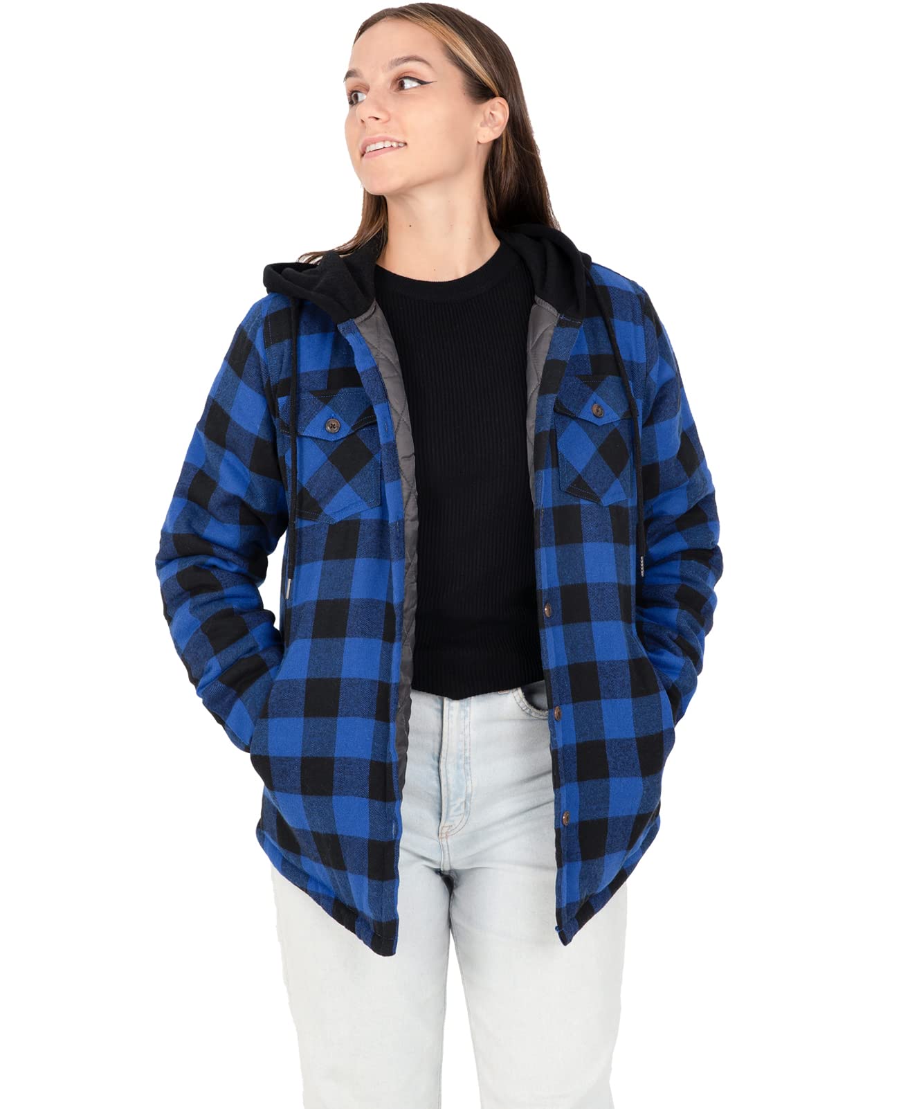 ZENTHACE Women's Quilted Lined Hooded Flannel Shirt Jacket Long Sleeve Plaid Jackets with Hand Pockets