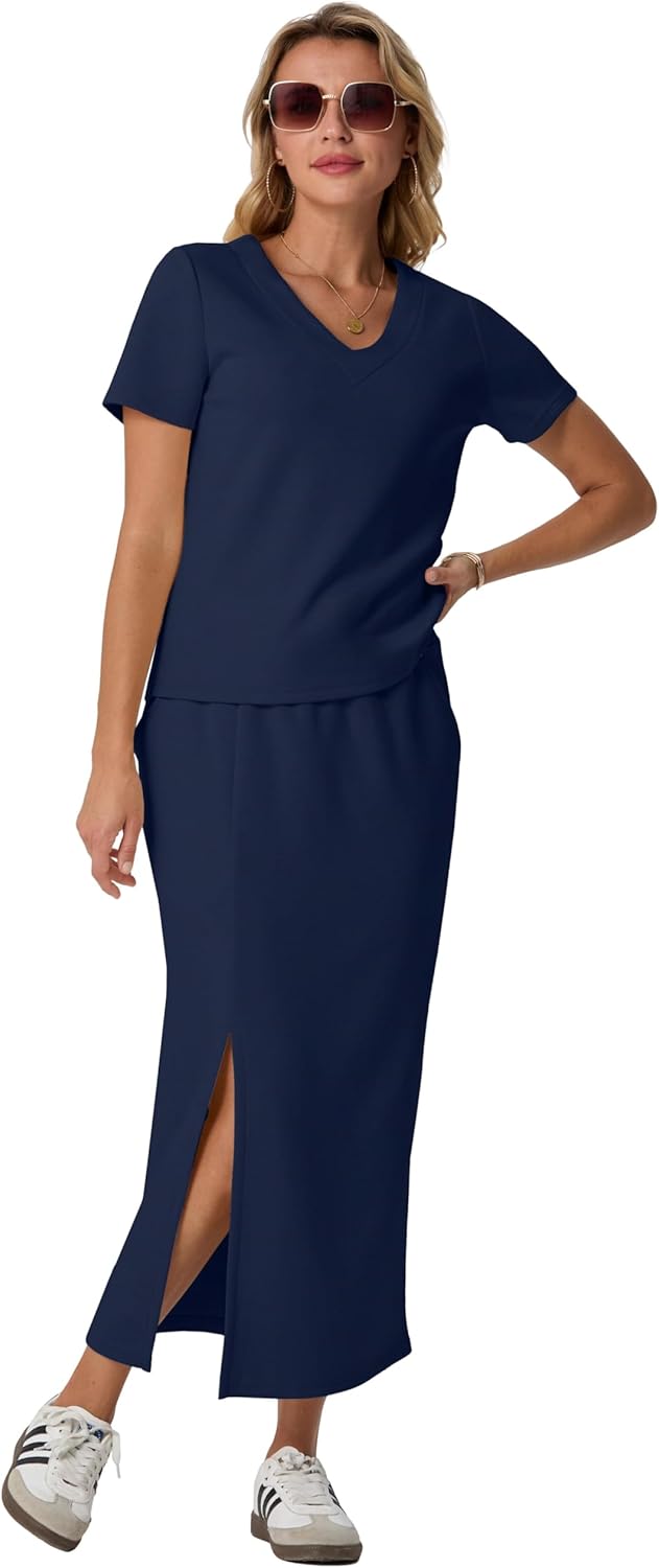GRECERELLE Women Summer Casual 2 Piece Sets V-Neck Wrinkle-Free Top & Elastic Waist Midi Side Slit Skirt with Pockets - Image 5