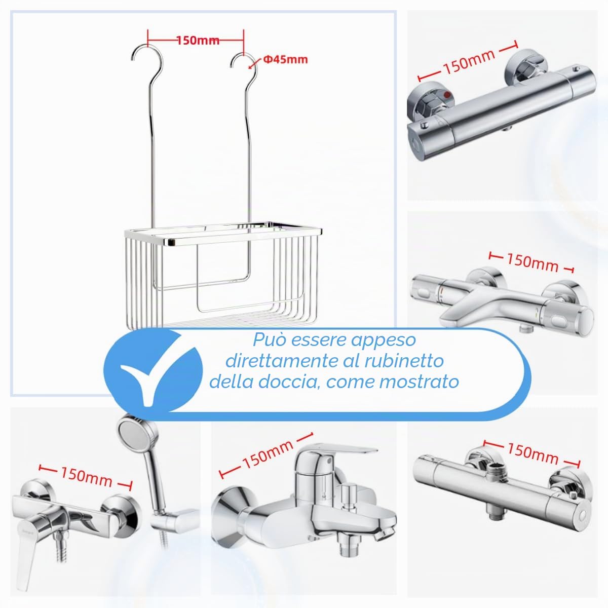 Organizzatore da bagno da appendere sopra il rubinetto, piccolo organizer per doccia da bagno con ganci per appendere