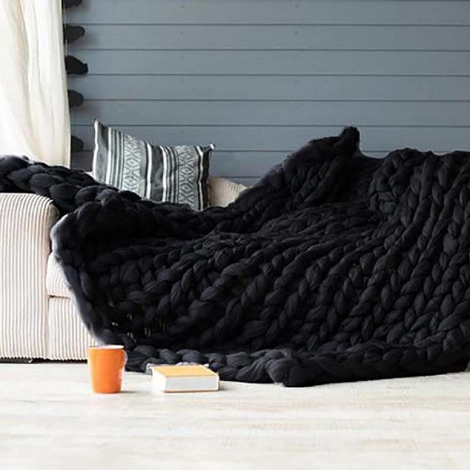 Manta de Hilo de Lana de Punto Grueso Tiro de Cama Suave Mantas Tejidas para Sofá de Dormitorio Alfombra Grande Hecha A Mano para Decoración del Hogar,Negro,130x170cm/51.1x66.9in
